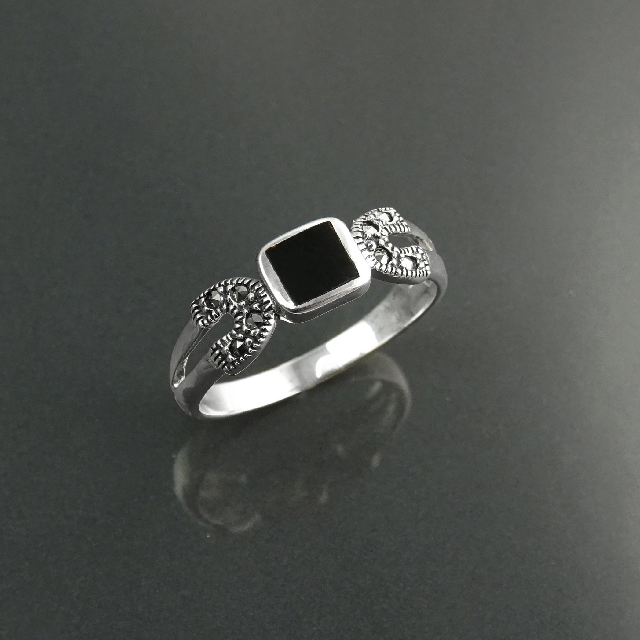 Art Deco Sterling Silver Onyx Marcasite Ring