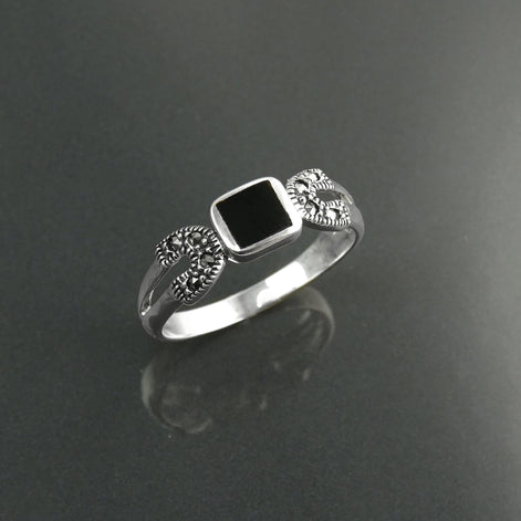 Art Deco Sterling Silver Onyx Marcasite Ring