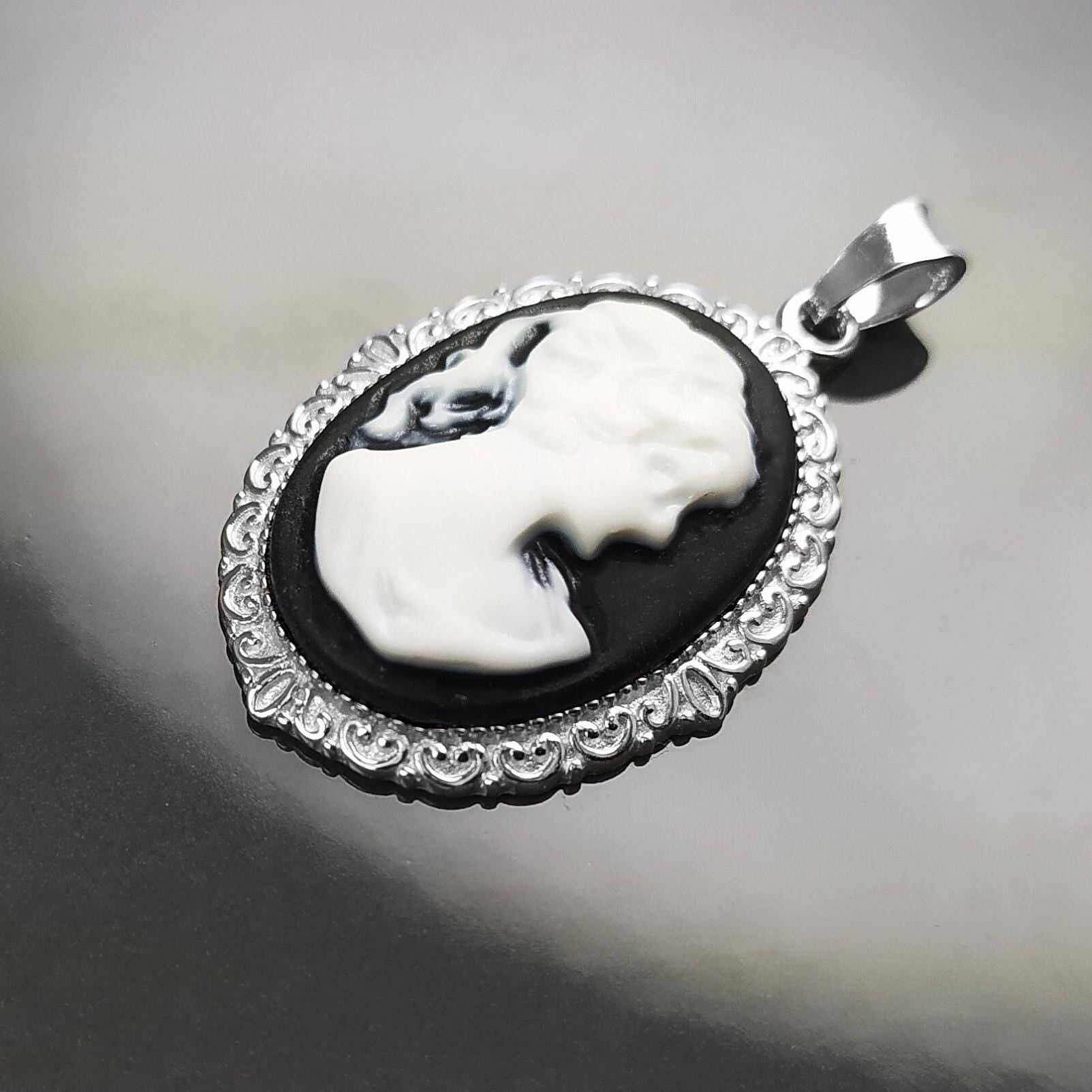 Sterling Silver Cameo Pendant: Black & White Resin, Vintage Style