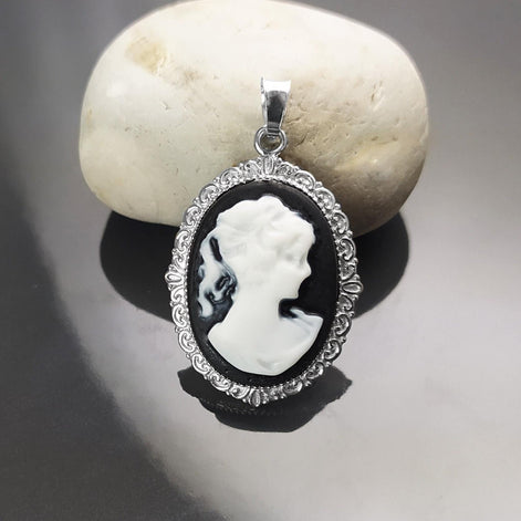 Sterling Silver Cameo Pendant: Black & White Resin, Vintage Style