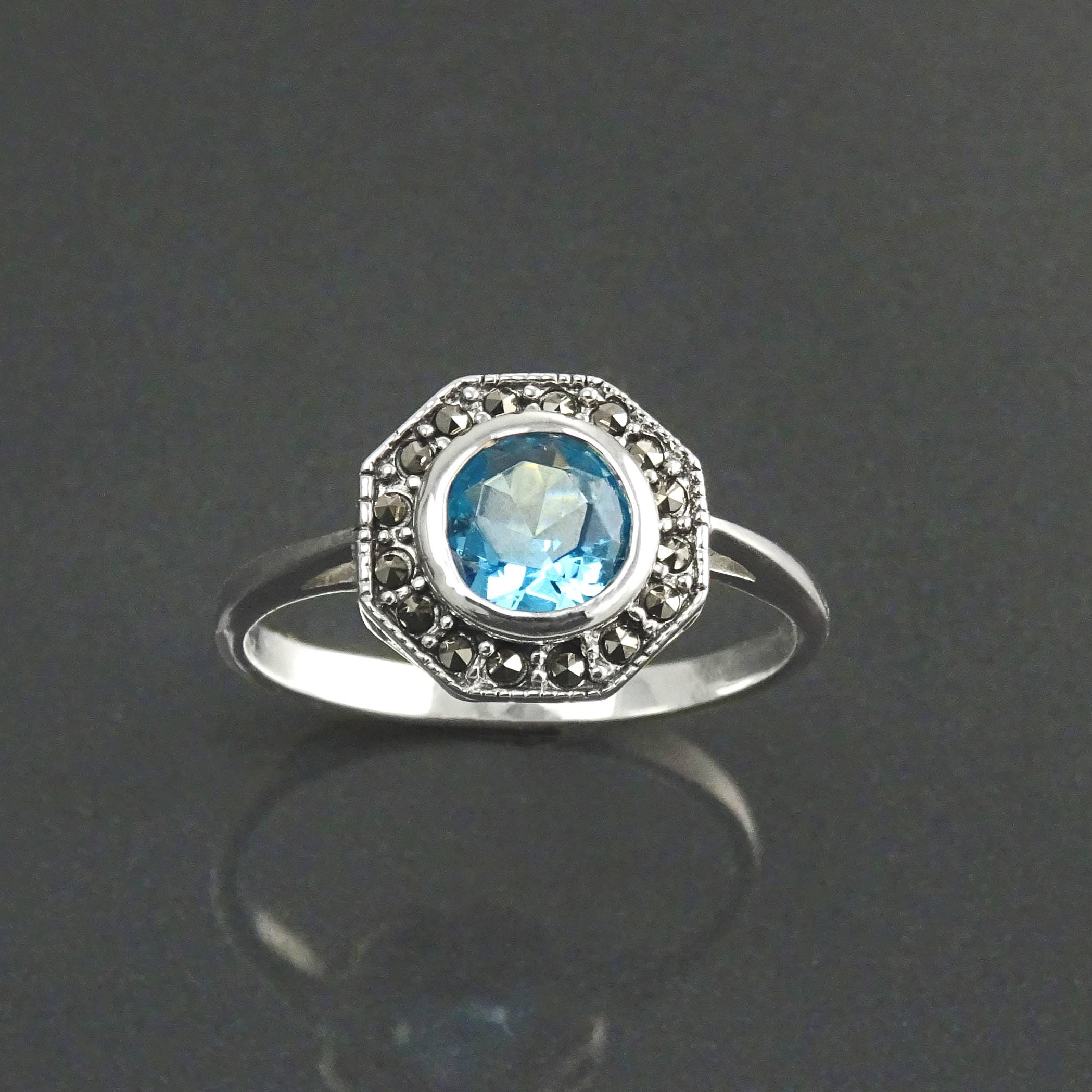 Topaz Marcasite Ring, Sterling Silver, Vintage Octagonal Ring, Lab Blue Topaz Simulant, Retro Azure Stone Rings, Dainty Rings, Women Gifts