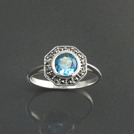 Topaz Marcasite Ring, Sterling Silver, Vintage Octagonal Ring, Lab Blue Topaz Simulant, Retro Azure Stone Rings, Dainty Rings, Women Gifts