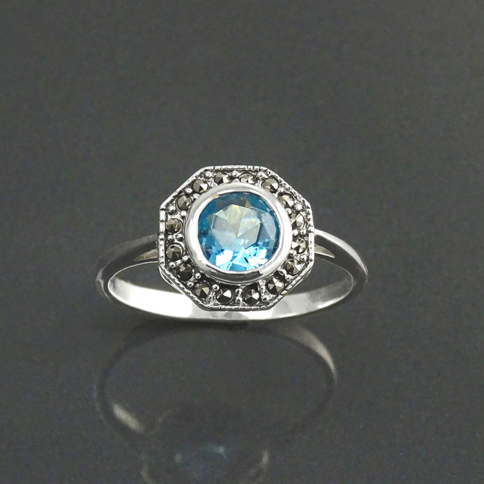 Topaz Marcasite Ring, Sterling Silver, Vintage Octagonal Ring, Lab Blue Topaz Simulant, Retro Azure Stone Rings, Dainty Rings, Women Gifts