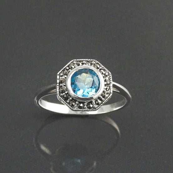 Topaz Marcasite Ring, Sterling Silver, Vintage Octagonal Ring, Lab Blue Topaz Simulant, Retro Azure Stone Rings, Dainty Rings, Women Gifts