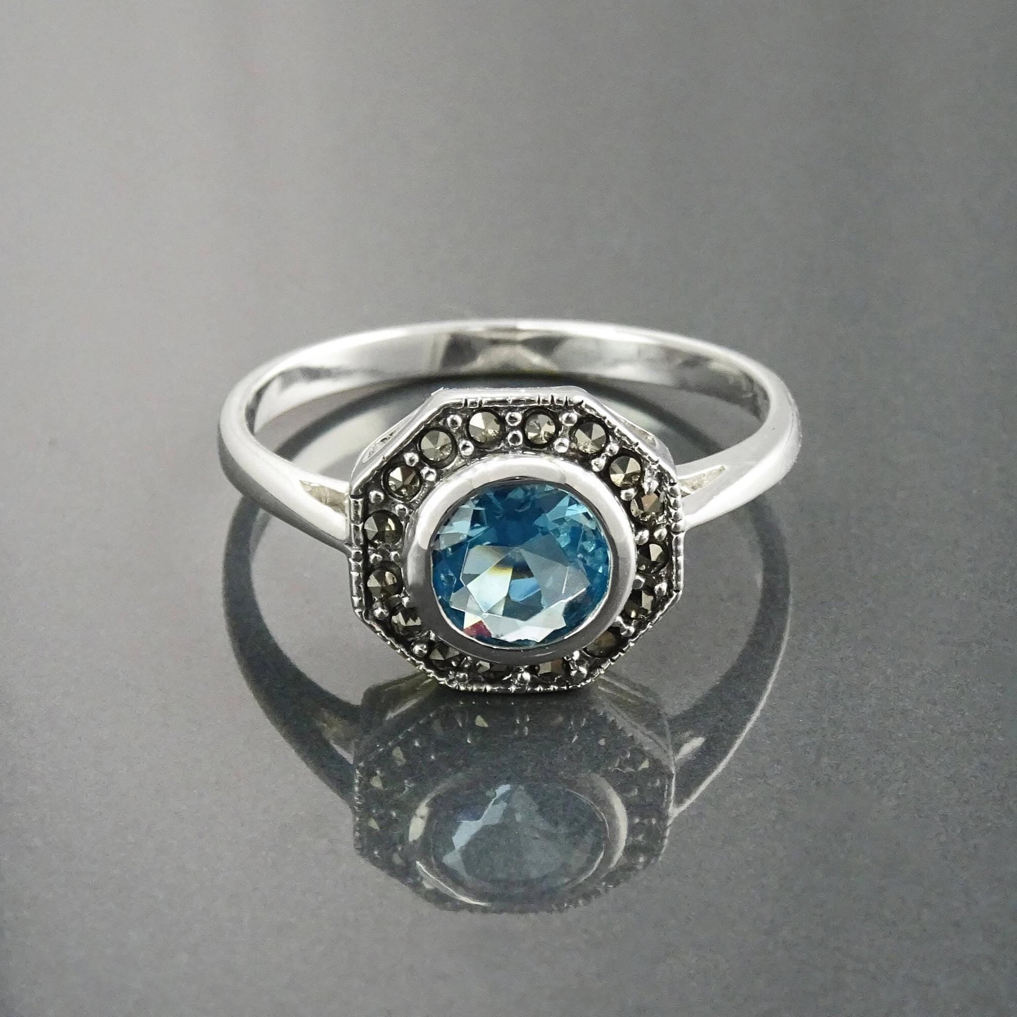 Topaz Marcasite Ring, Sterling Silver, Vintage Octagonal Ring, Lab Blue Topaz Simulant, Retro Azure Stone Rings, Dainty Rings, Women Gifts