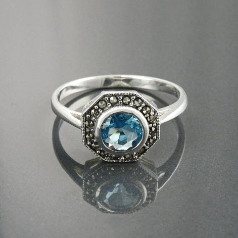 Topaz Marcasite Ring, Sterling Silver, Vintage Octagonal Ring, Lab Blue Topaz Simulant, Retro Azure Stone Rings, Dainty Rings, Women Gifts