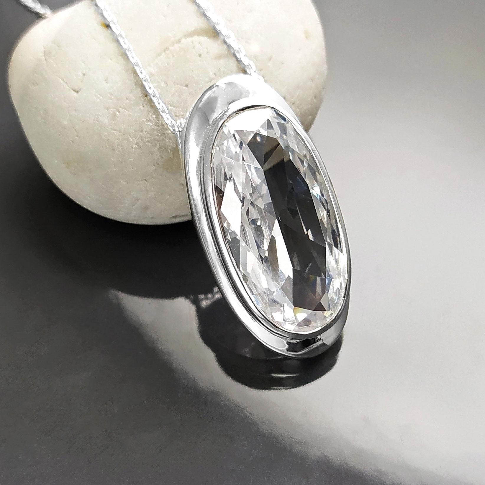 Sterling Silver Pendant 925, Bezel Set Cubic Zirconia Necklace, Shining Oval Stone, Earrings and Pendant Diamond Color Stone, Modern Jewelry