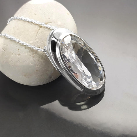 Sterling Silver Pendant 925, Bezel Set Cubic Zirconia Necklace, Shining Oval Stone, Earrings and Pendant Diamond Color Stone, Modern Jewelry