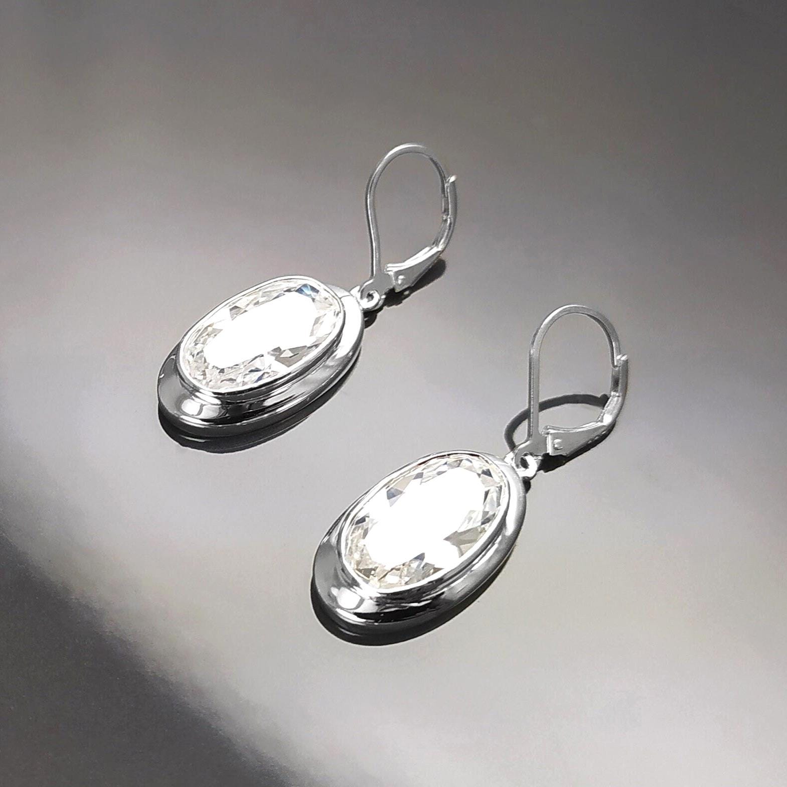 Dangle Earrings, sterling silver jewelry, big Clear cz stone, white diamond color, statement Oval Lever back Hook Earrings, women gift