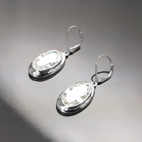 Dangle Earrings, sterling silver jewelry, big Clear cz stone, white diamond color, statement Oval Lever back Hook Earrings, women gift