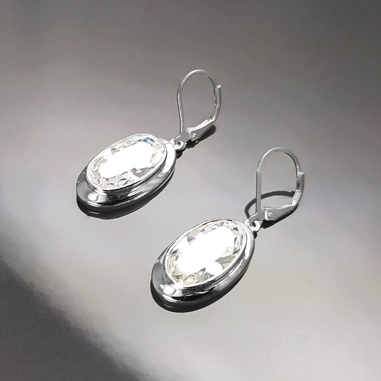 Dangle Earrings, sterling silver jewelry, big Clear cz stone, white diamond color, statement Oval Lever back Hook Earrings, women gift