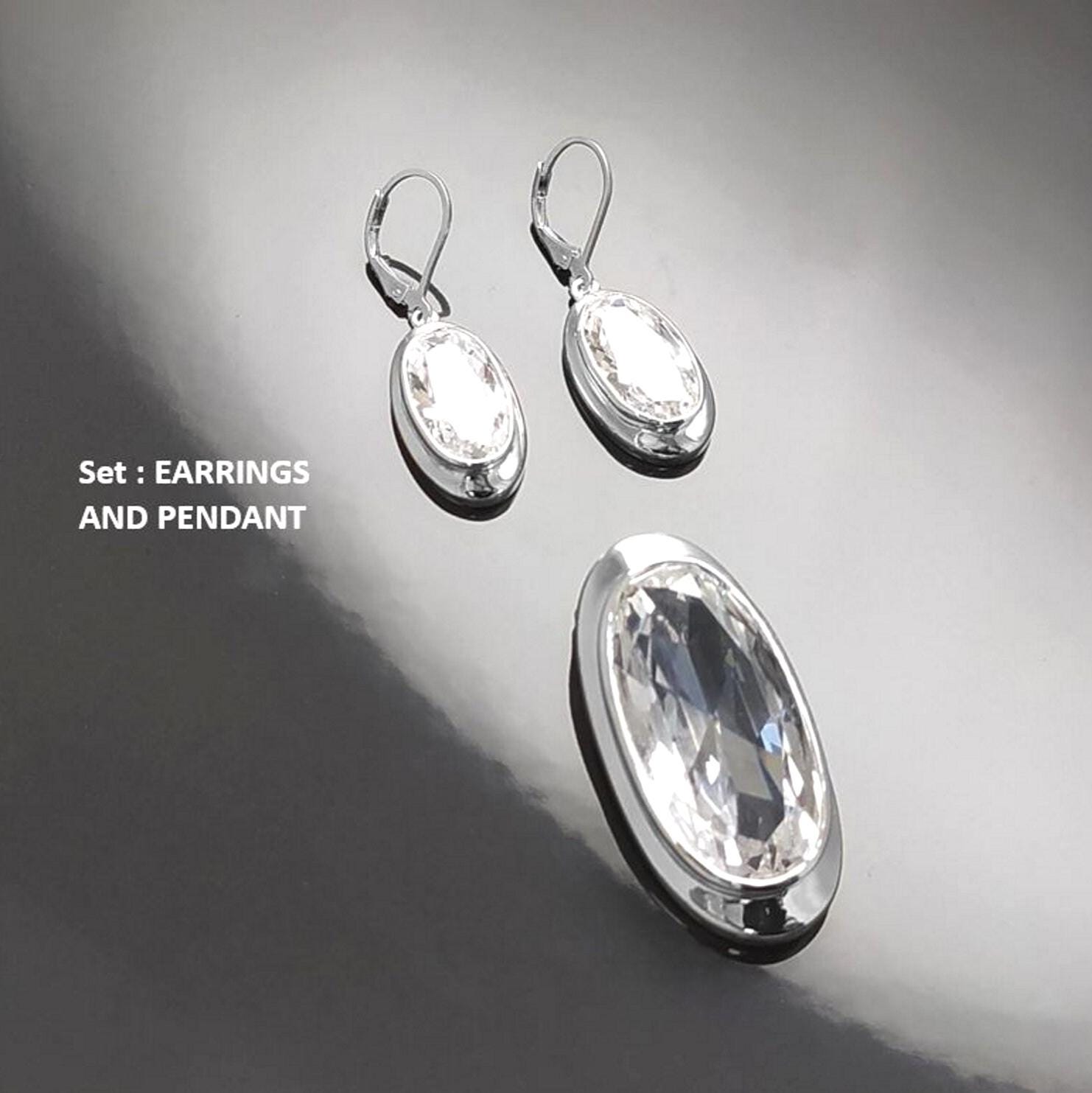 Dangle Earrings, sterling silver jewelry, big Clear cz stone, white diamond color, statement Oval Lever back Hook Earrings, women gift