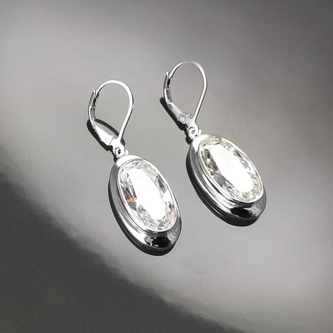 Dangle Earrings, sterling silver jewelry, big Clear cz stone, white diamond color, statement Oval Lever back Hook Earrings, women gift