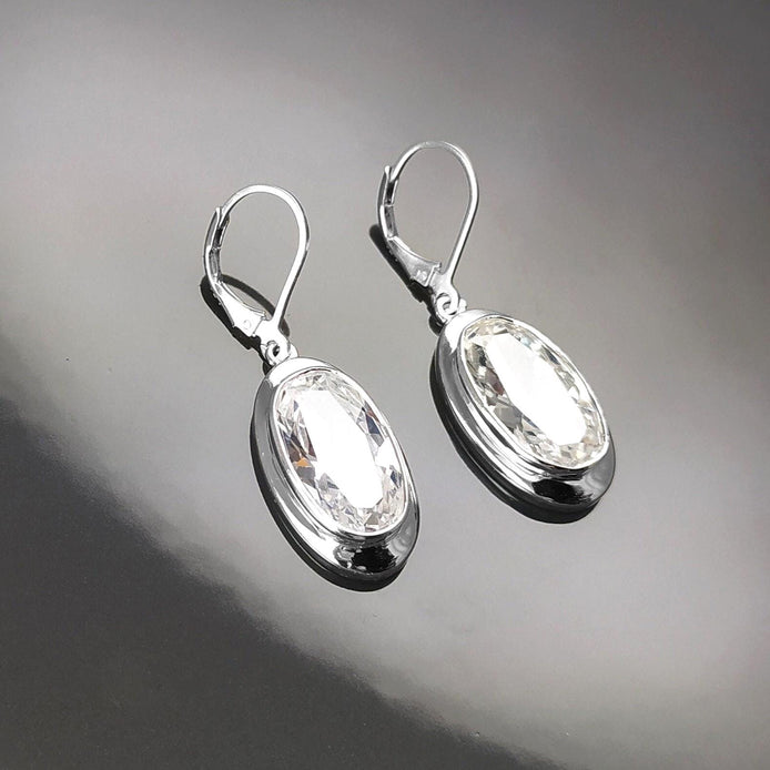 Dangle Earrings, sterling silver jewelry, big Clear cz stone, white diamond color, statement Oval Lever back Hook Earrings, women gift
