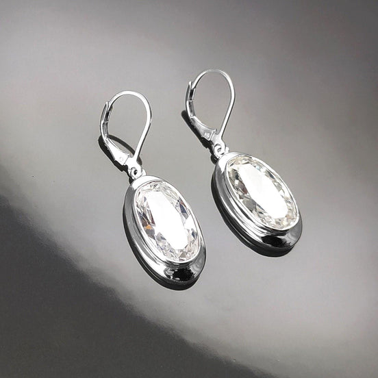 Dangle Earrings, sterling silver jewelry, big Clear cz stone, white diamond color, statement Oval Lever back Hook Earrings, women gift