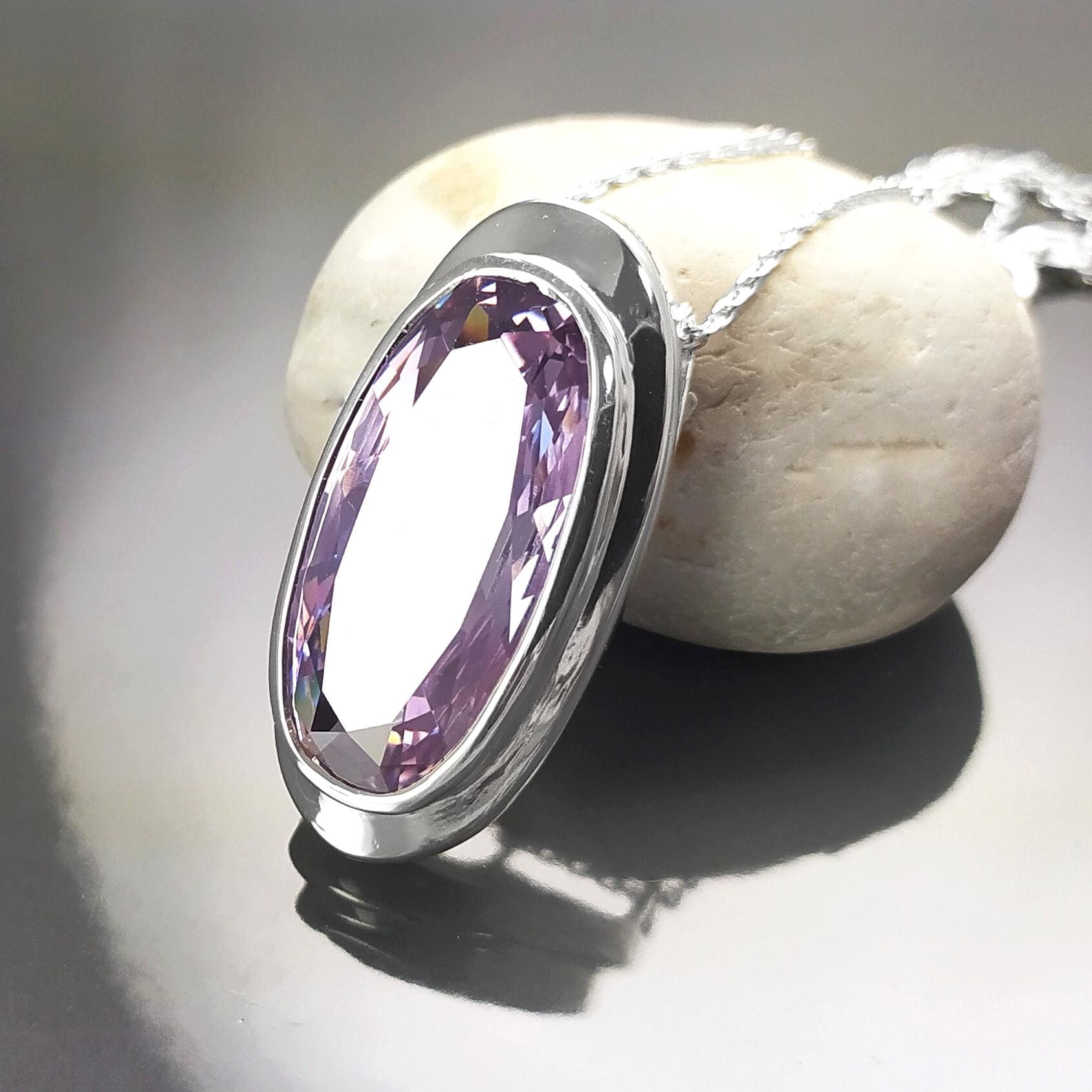 925 Oval cz Amethyst Sterling Silver Pendant, Bezel Set CZ Statement Necklace, Big cz Stone, light violet amethyst color Jewelry