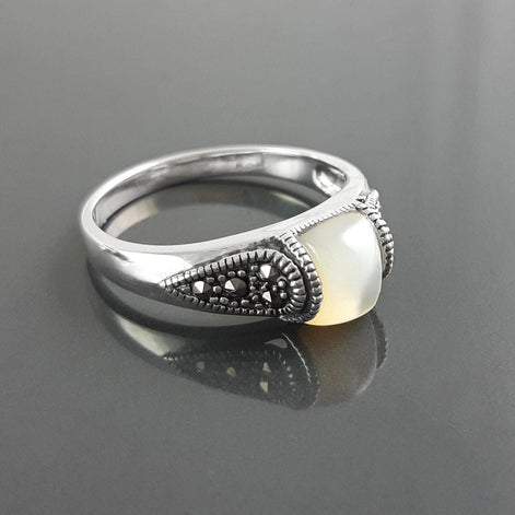 Vintage band ring, sterling silver ring with Genuine white domed Mother of pearl and marcasite stones, art-deco design style jewelry