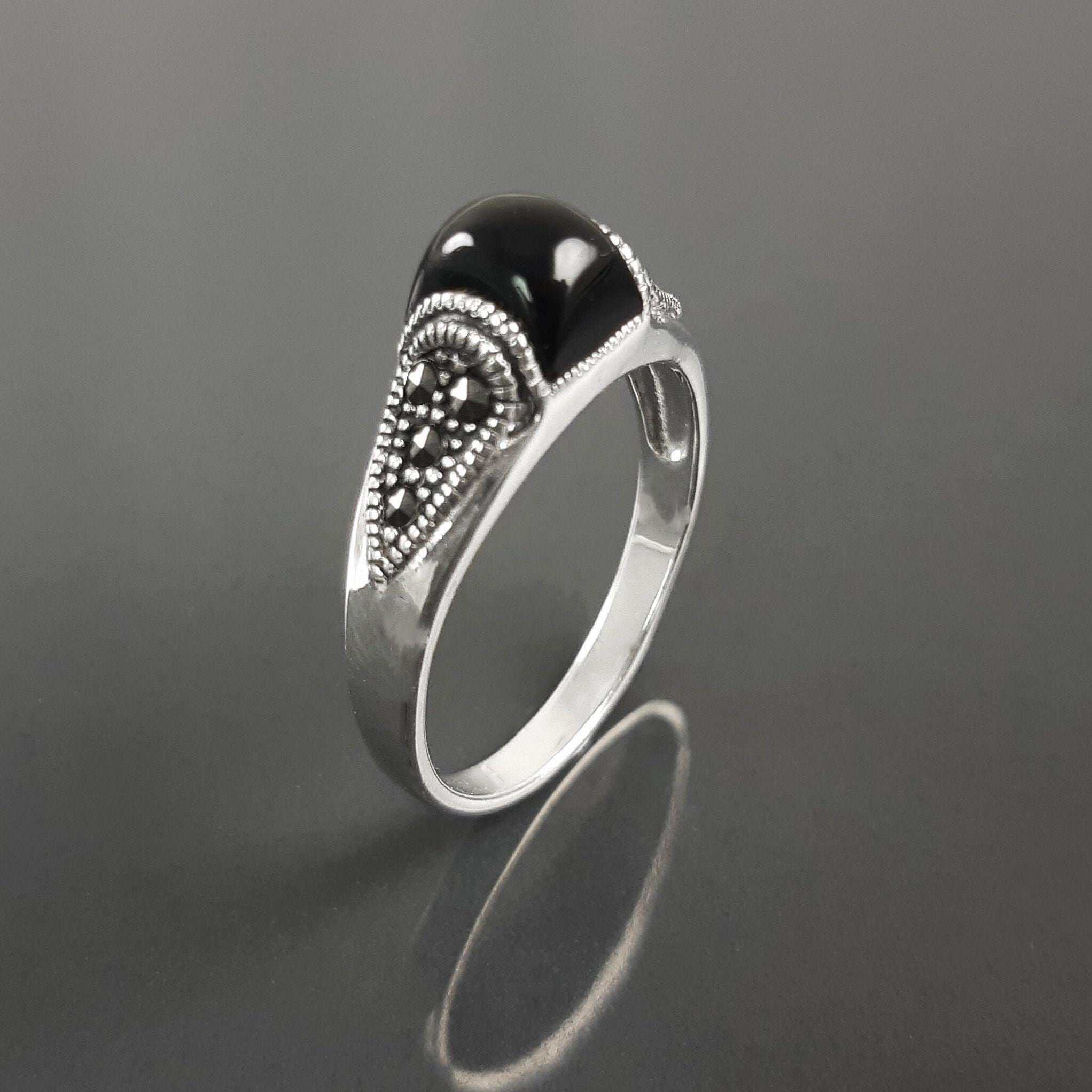 Vintage Art Deco Sterling Silver Ring, Black Onyx & Marcasite
