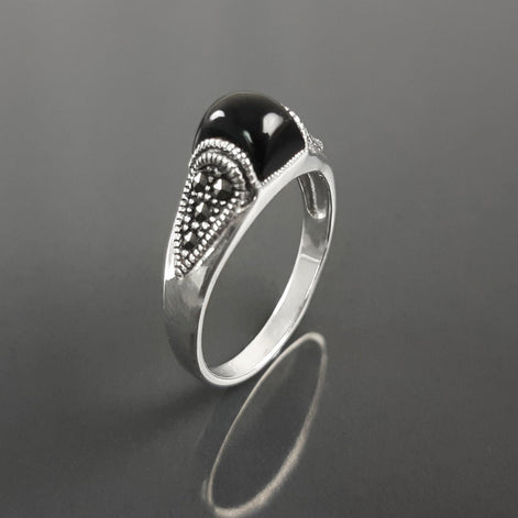 Vintage Art Deco Sterling Silver Ring, Black Onyx & Marcasite