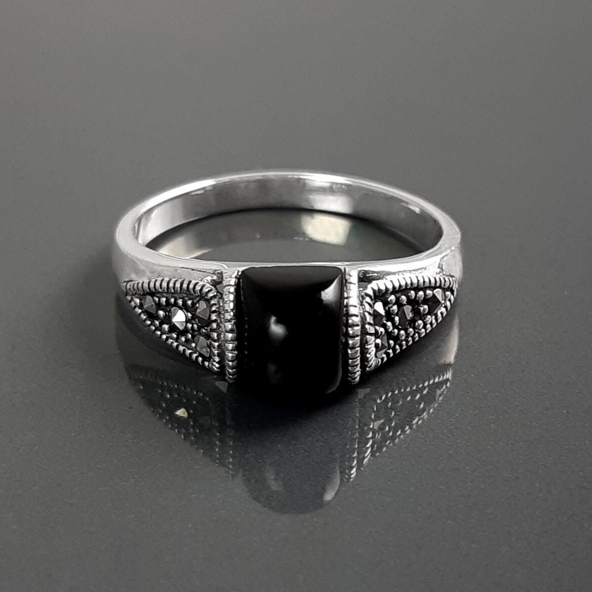 Vintage Art Deco Sterling Silver Ring, Black Onyx & Marcasite
