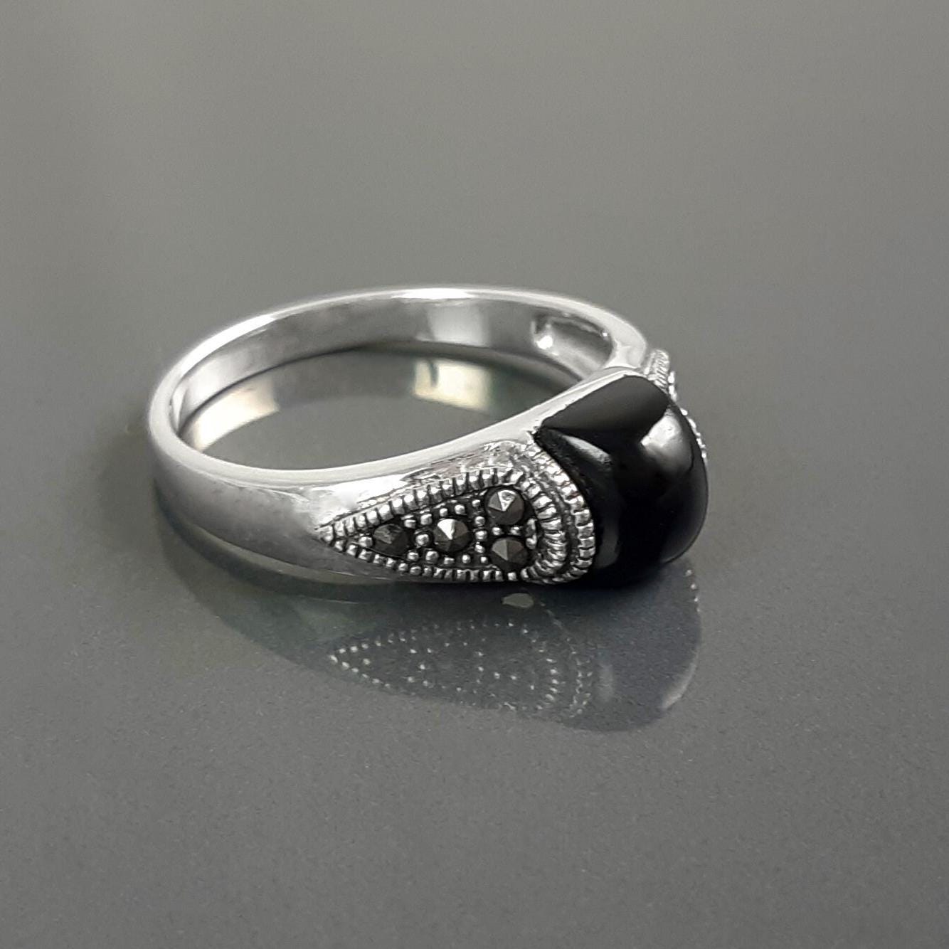Vintage Art Deco Sterling Silver Ring, Black Onyx & Marcasite