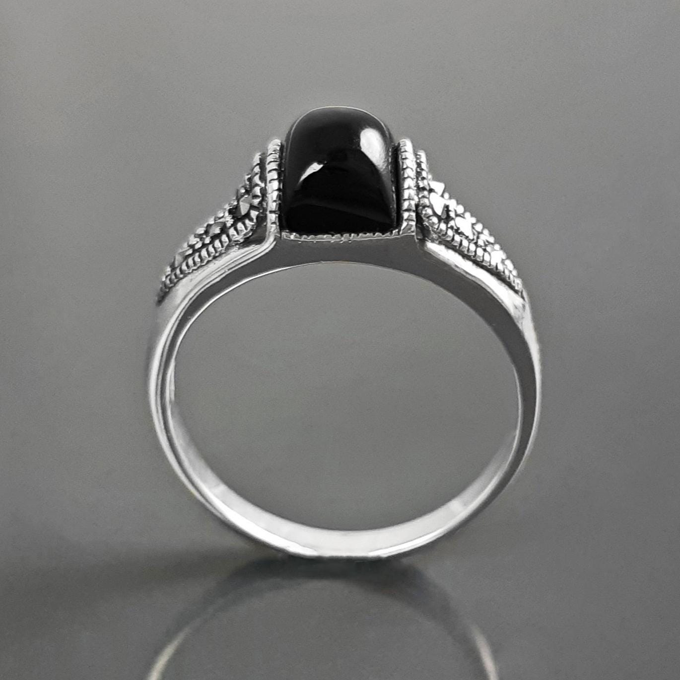 Vintage Art Deco Sterling Silver Ring, Black Onyx & Marcasite