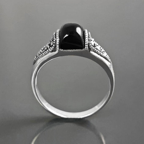 Vintage Art Deco Sterling Silver Ring, Black Onyx & Marcasite