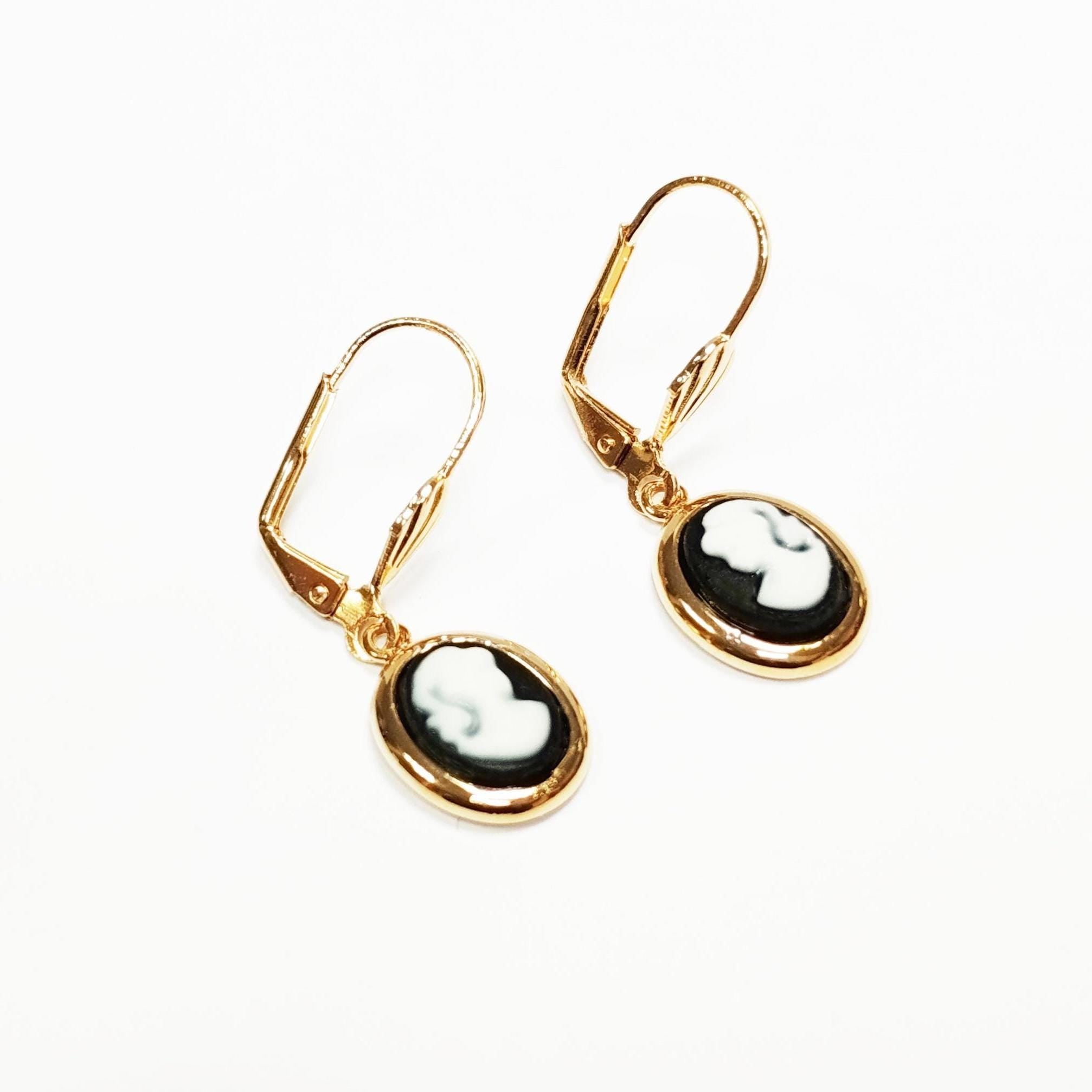 Gold Plated Cameo Earrings – Victorian Resin Portrait Lever-Backs