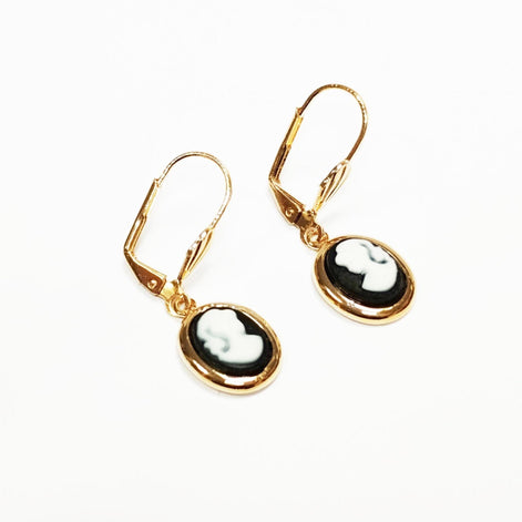 Gold Plated Cameo Earrings – Victorian Resin Portrait Lever-Backs