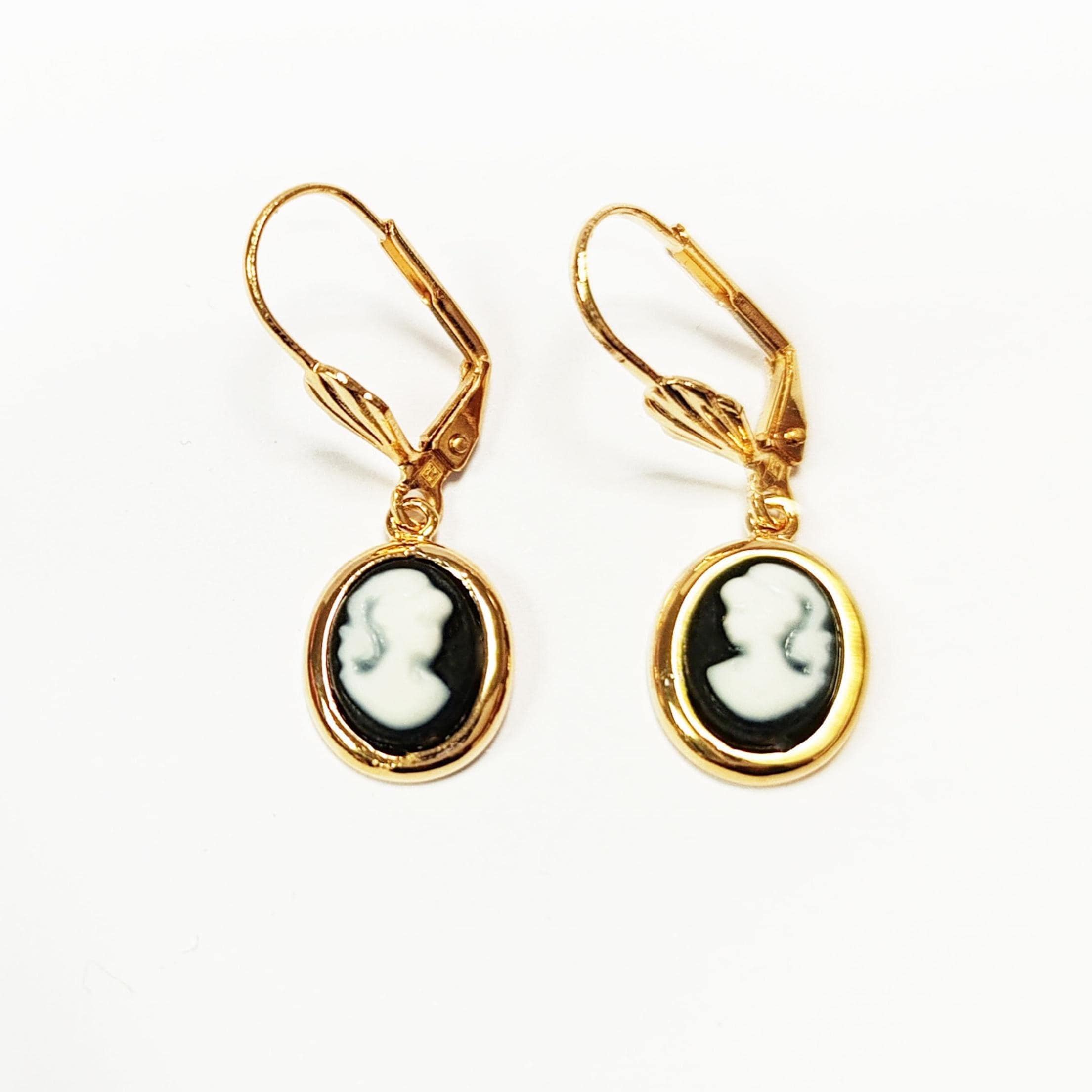Gold Plated Cameo Earrings – Victorian Resin Portrait Lever-Backs
