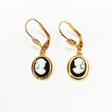 Gold Plated Cameo Earrings – Victorian Resin Portrait Lever-Backs
