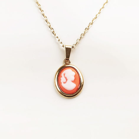 Cameo Pendant - Plated Gold - Red and white Resin stone - woman face portrait cameo - Vintage necklace charm - Victorian Jewelry gift