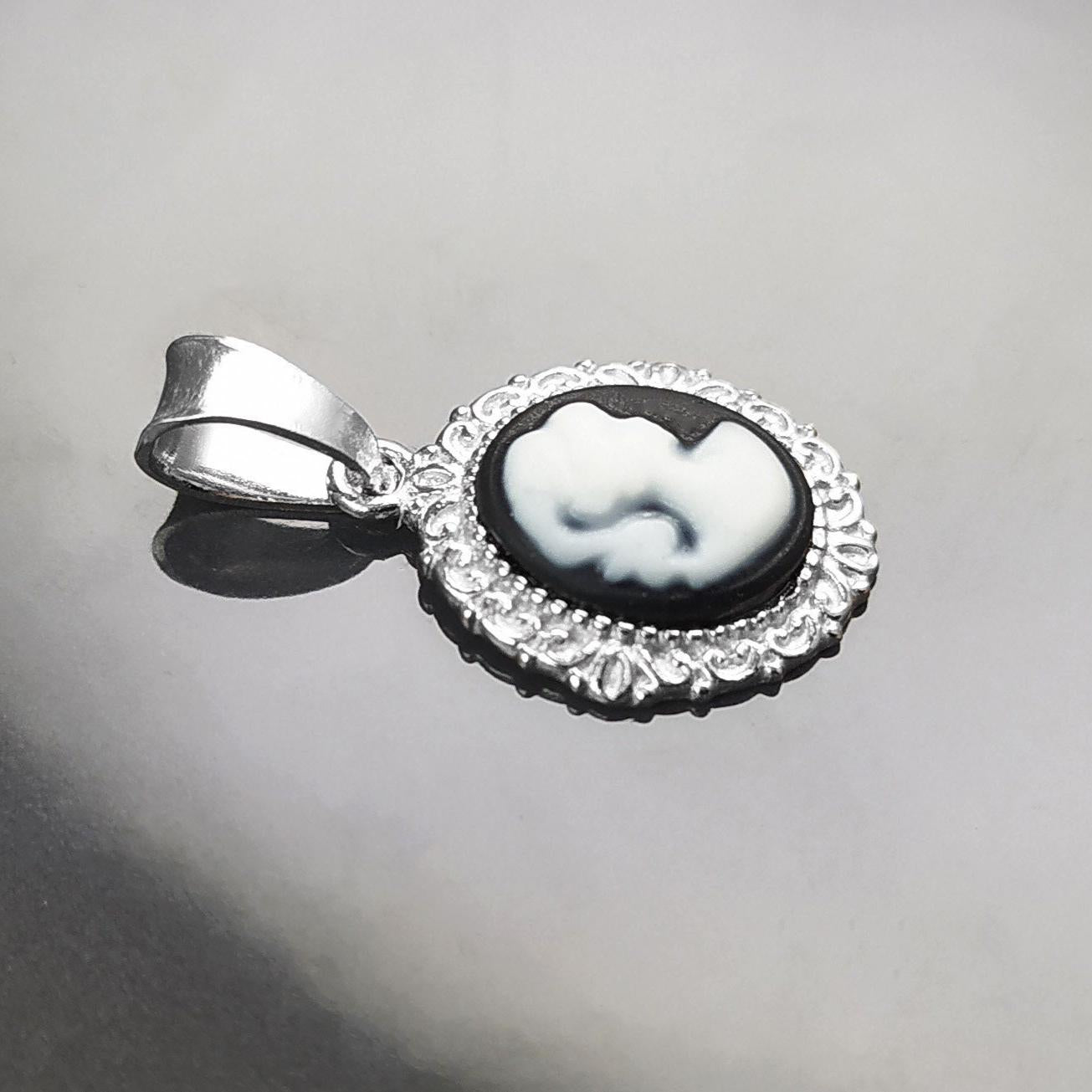 Cameo Pendant, Sterling Silver Black and white Resin stone Cameo, Vintage Victorian Jewelry, Small Cameo Charm, Small Antique Style Jewel
