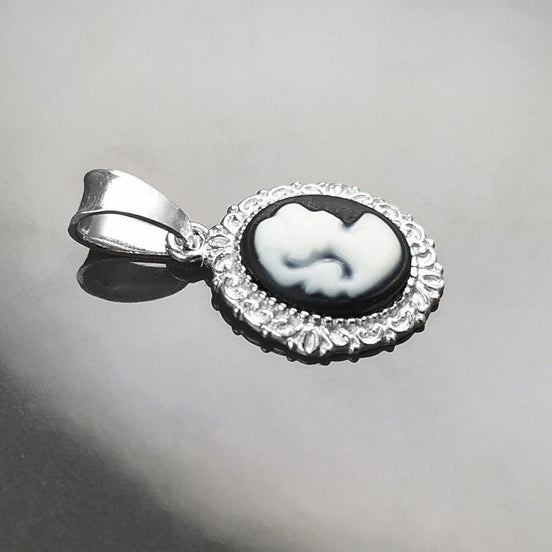 Cameo Pendant, Sterling Silver Black and white Resin stone Cameo, Vintage Victorian Jewelry, Small Cameo Charm, Small Antique Style Jewel