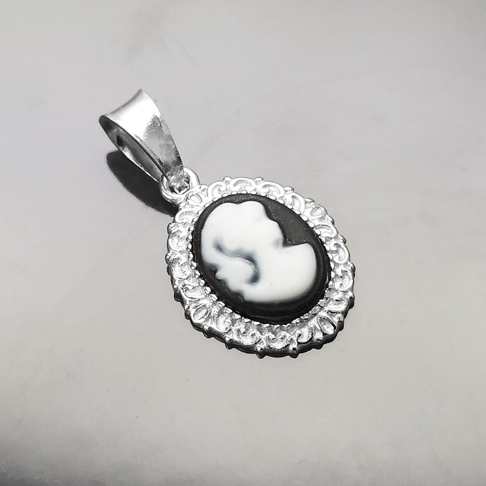 Cameo Pendant, Sterling Silver Black and white Resin stone Cameo, Vintage Victorian Jewelry, Small Cameo Charm, Small Antique Style Jewel