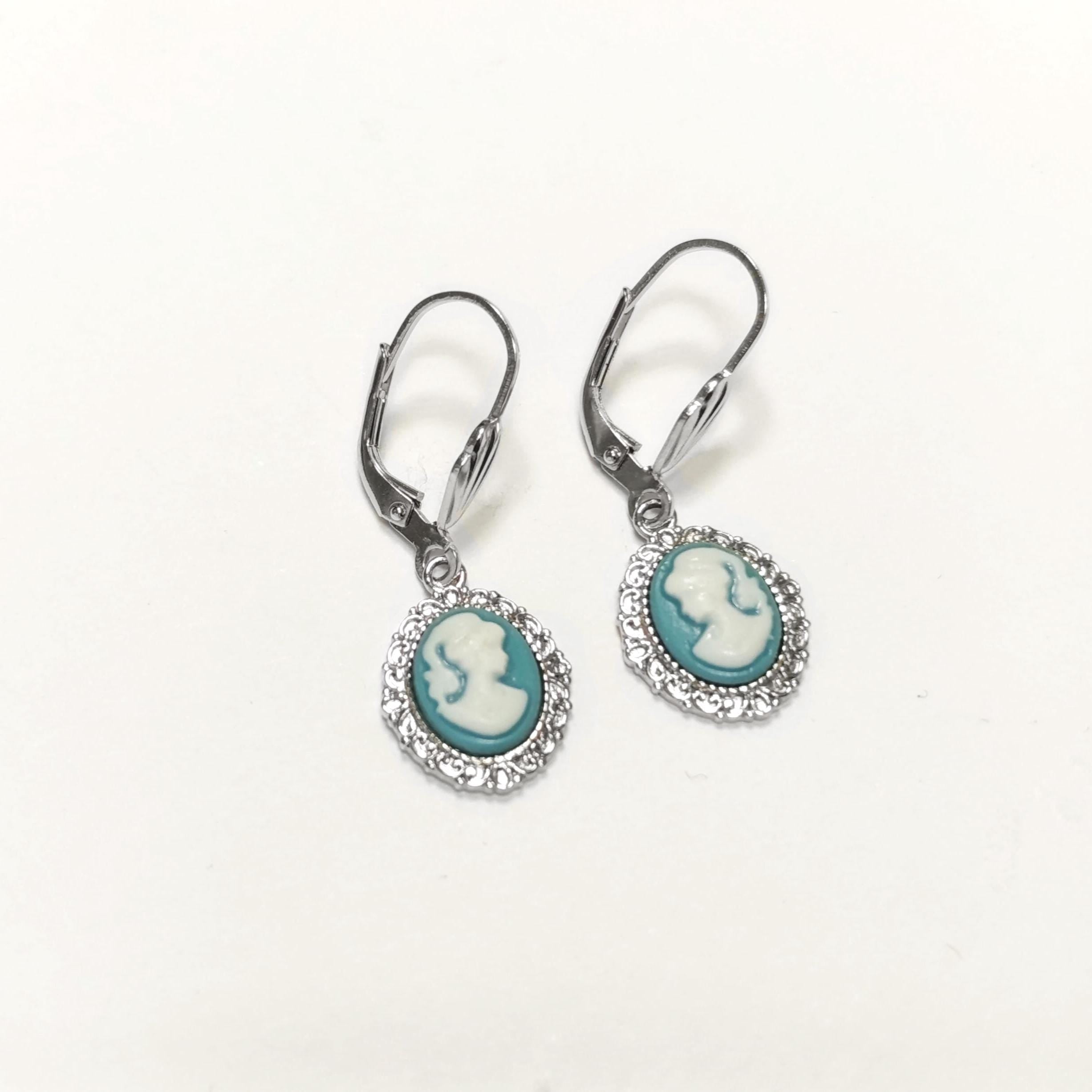Sterling Silver Cameo Earrings: Blue & White Resin, Vintage Style
