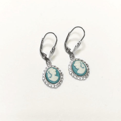 Sterling Silver Cameo Earrings: Blue & White Resin, Vintage Style