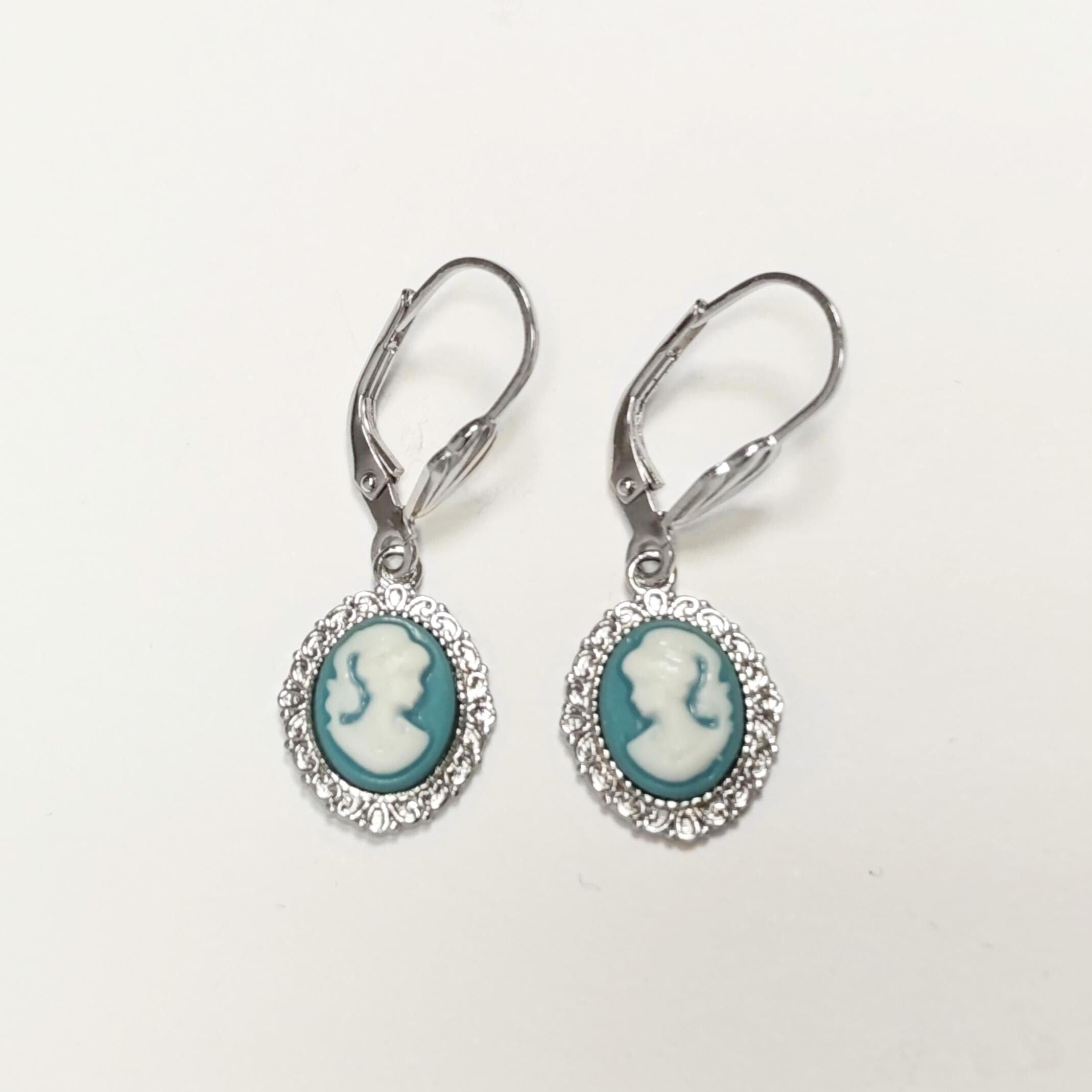 Sterling Silver Cameo Earrings: Blue & White Resin, Vintage Style