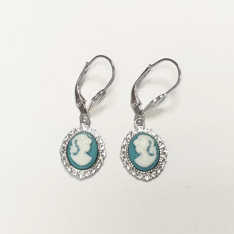 Sterling Silver Cameo Earrings: Blue & White Resin, Vintage Style