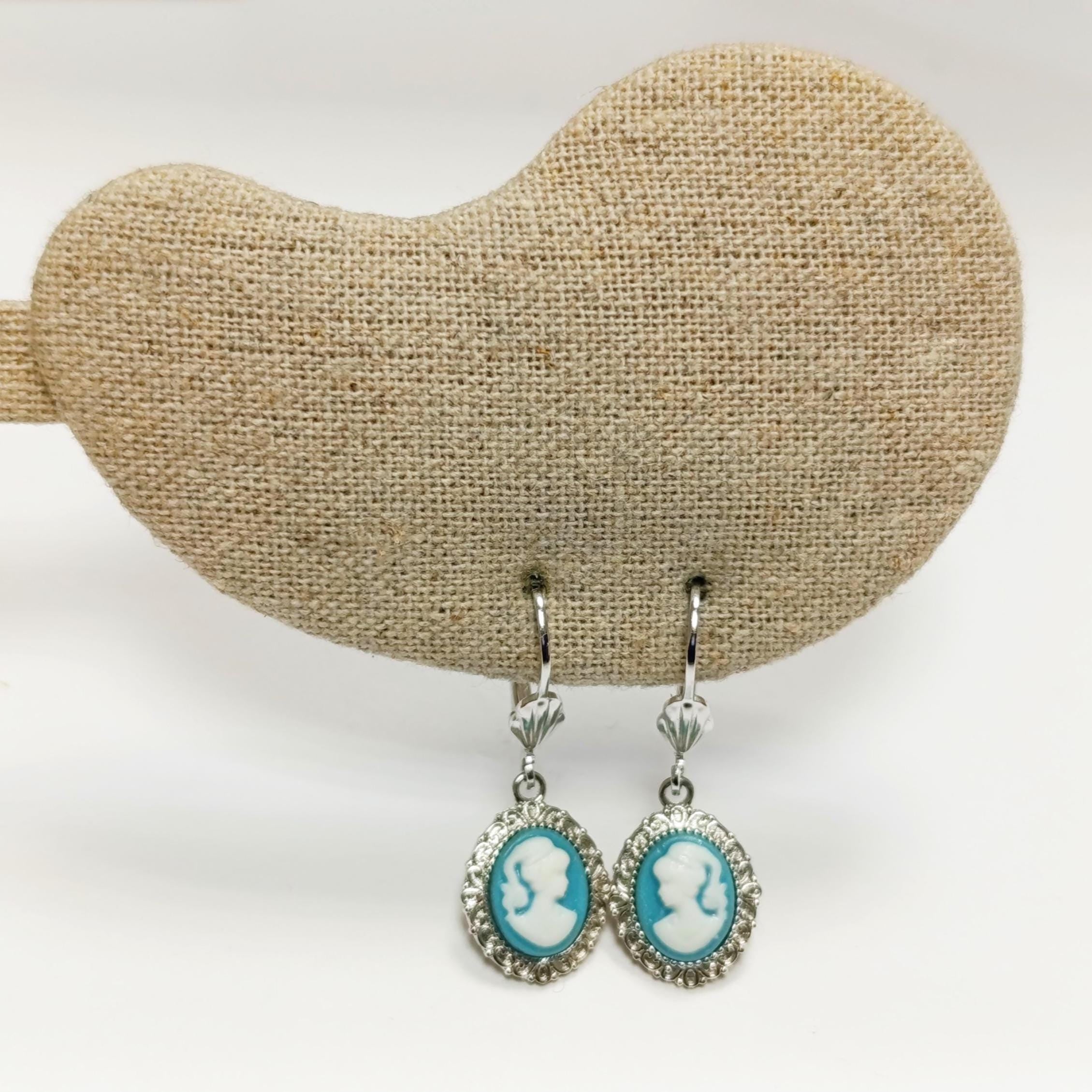Sterling Silver Cameo Earrings: Blue & White Resin, Vintage Style