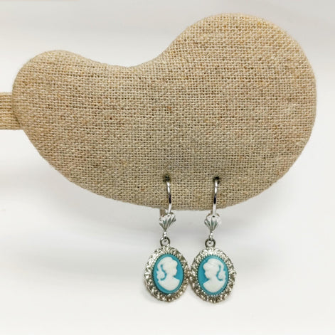 Sterling Silver Cameo Earrings: Blue & White Resin, Vintage Style