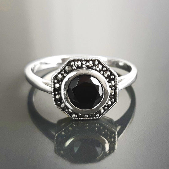 Octagonal Sterling Silver Marcasite Ring, Vintage Black CZ Stone Jewelry