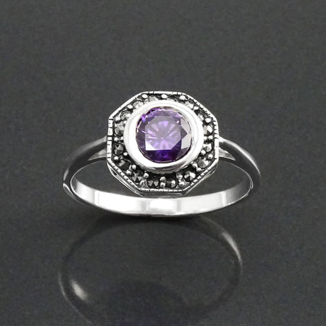 Amethyst Marcasite Ring, Sterling Silver, Vintage Octagonal Ring, Purple Amethyst Color Cz, Dainty Retro Violet Stone Rings, Women Gifts
