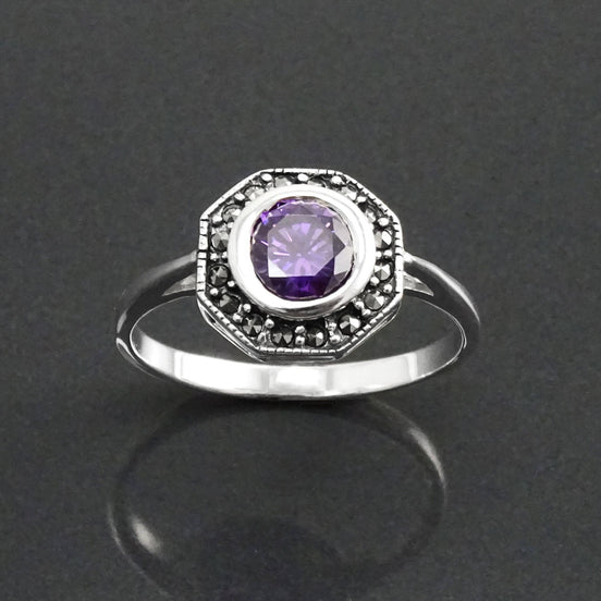 Amethyst Marcasite Ring, Sterling Silver, Vintage Octagonal Ring, Purple Amethyst Color Cz, Dainty Retro Violet Stone Rings, Women Gifts