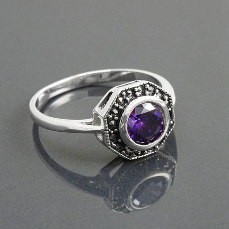Amethyst Marcasite Ring, Sterling Silver, Vintage Octagonal Ring, Purple Amethyst Color Cz, Dainty Retro Violet Stone Rings, Women Gifts