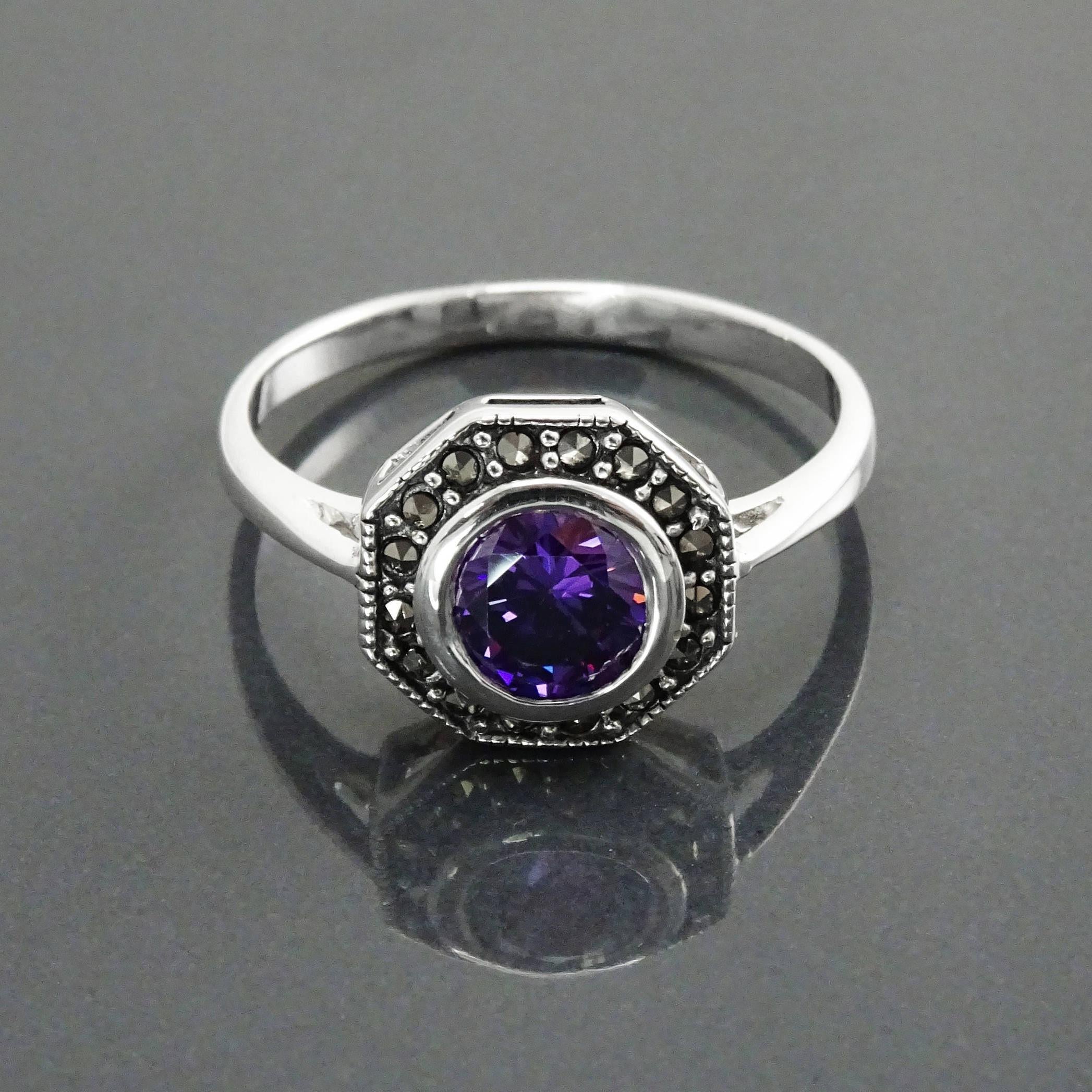 Amethyst Marcasite Ring, Sterling Silver, Vintage Octagonal Ring, Purple Amethyst Color Cz, Dainty Retro Violet Stone Rings, Women Gifts