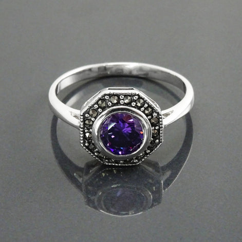 Amethyst Marcasite Ring, Sterling Silver, Vintage Octagonal Ring, Purple Amethyst Color Cz, Dainty Retro Violet Stone Rings, Women Gifts