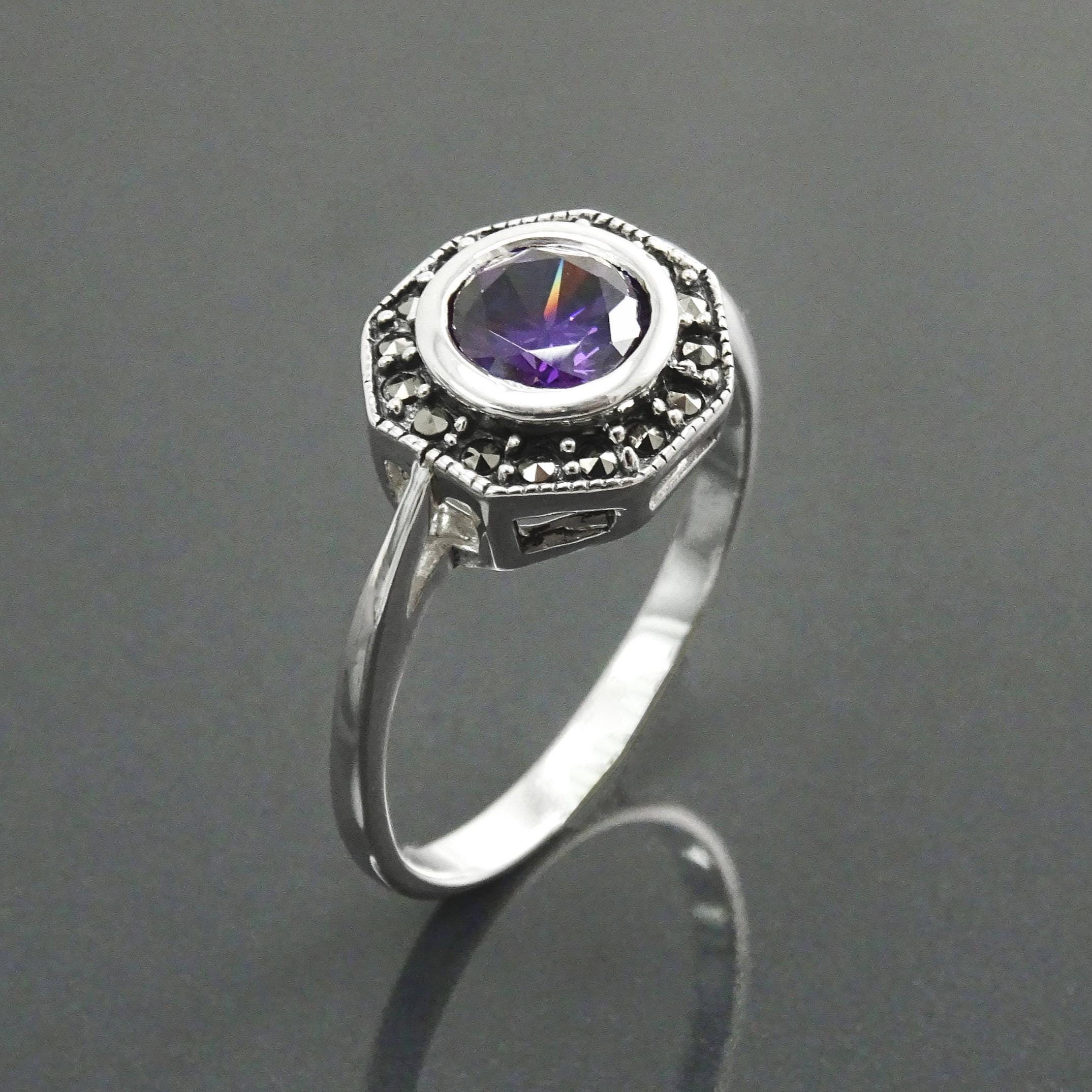 Amethyst Marcasite Ring, Sterling Silver, Vintage Octagonal Ring, Purple Amethyst Color Cz, Dainty Retro Violet Stone Rings, Women Gifts