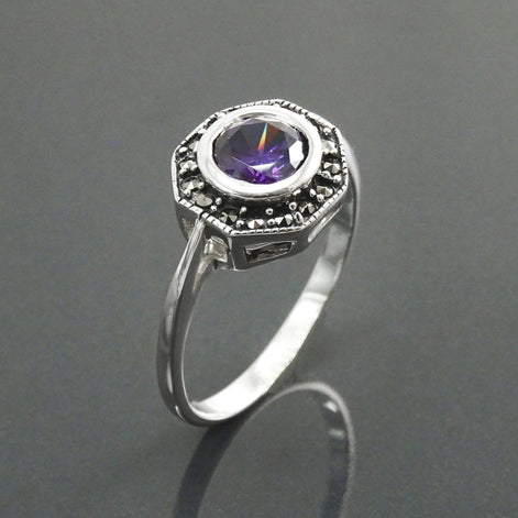 Amethyst Marcasite Ring, Sterling Silver, Vintage Octagonal Ring, Purple Amethyst Color Cz, Dainty Retro Violet Stone Rings, Women Gifts