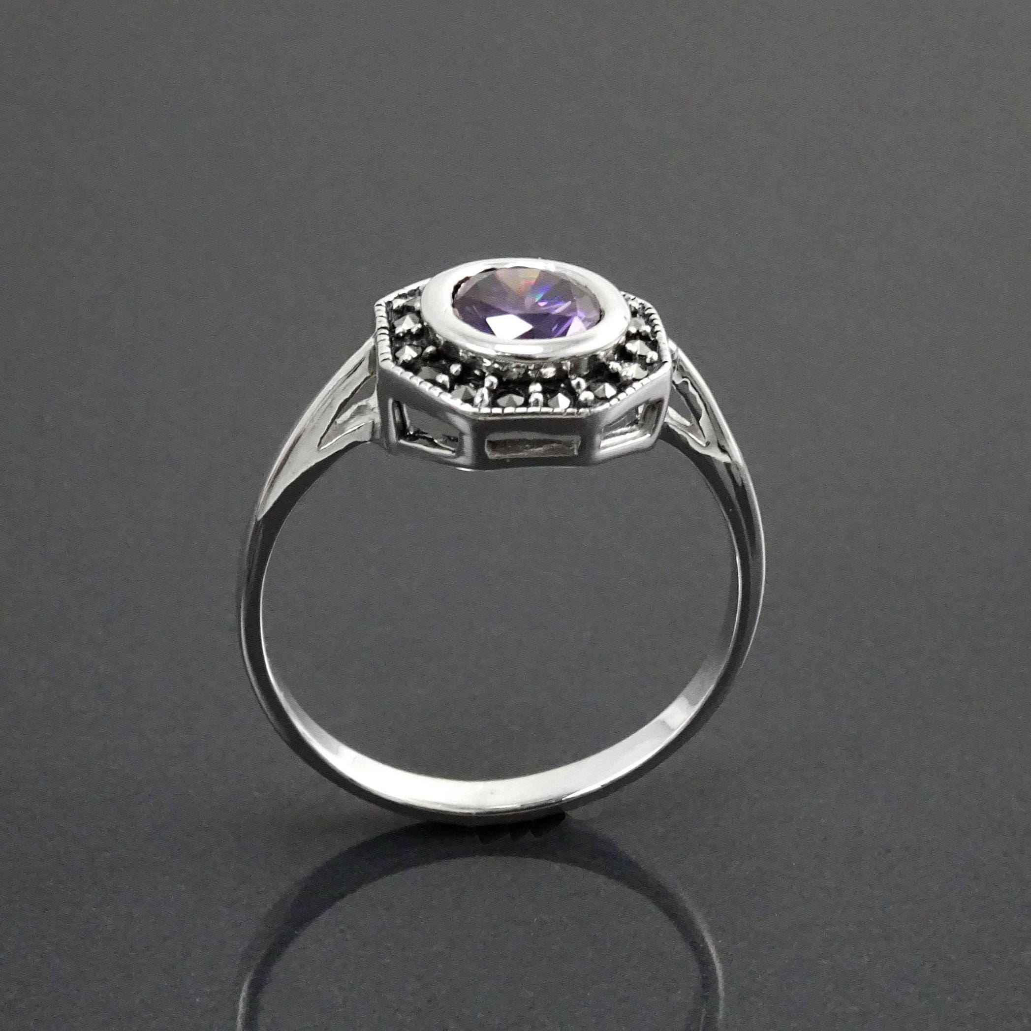 Amethyst Marcasite Ring, Sterling Silver, Vintage Octagonal Ring, Purple Amethyst Color Cz, Dainty Retro Violet Stone Rings, Women Gifts